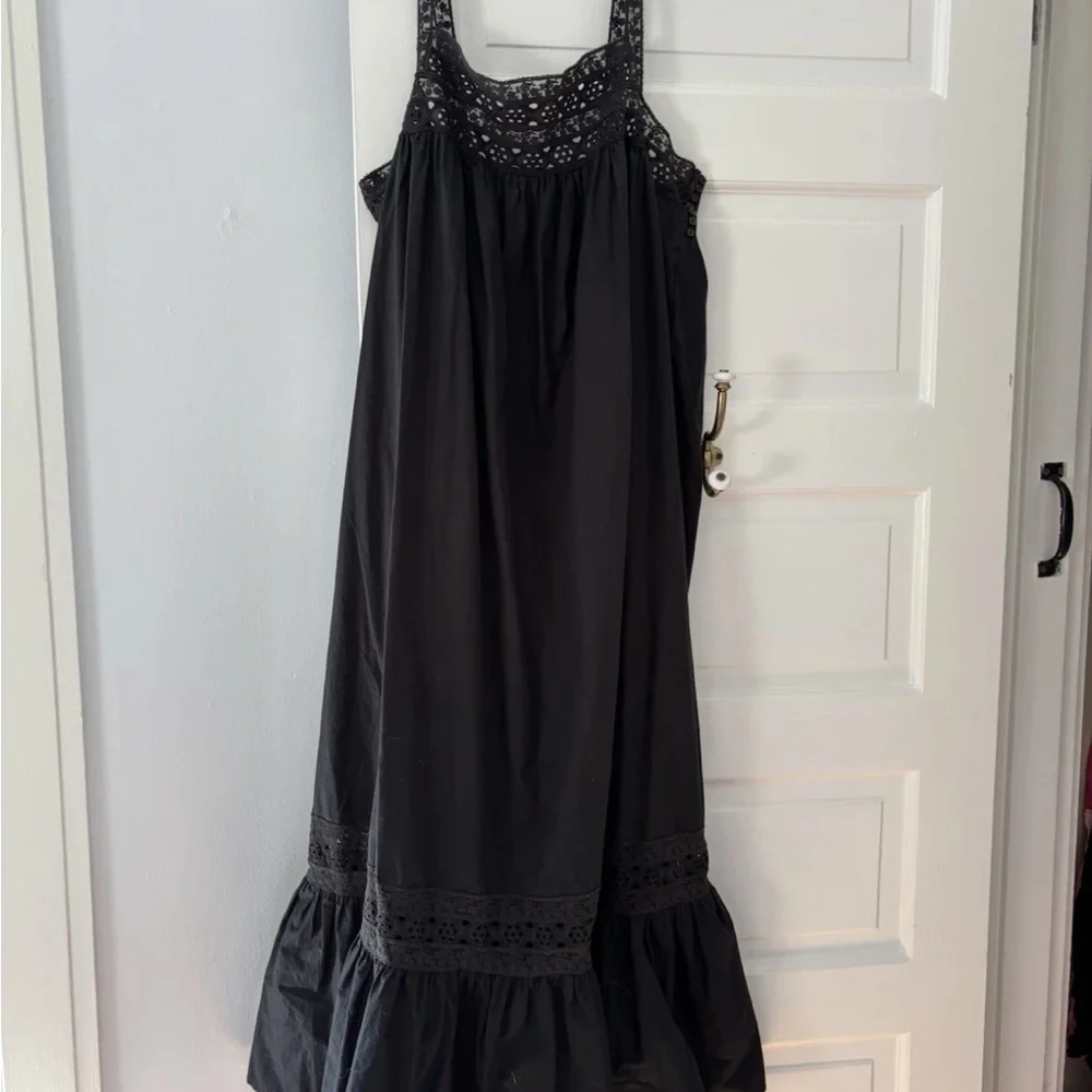 J. Crew black Eyelet trim Tank Cotton Poplin flouncy maxi Athena dress size XL - Picture 3 of 8